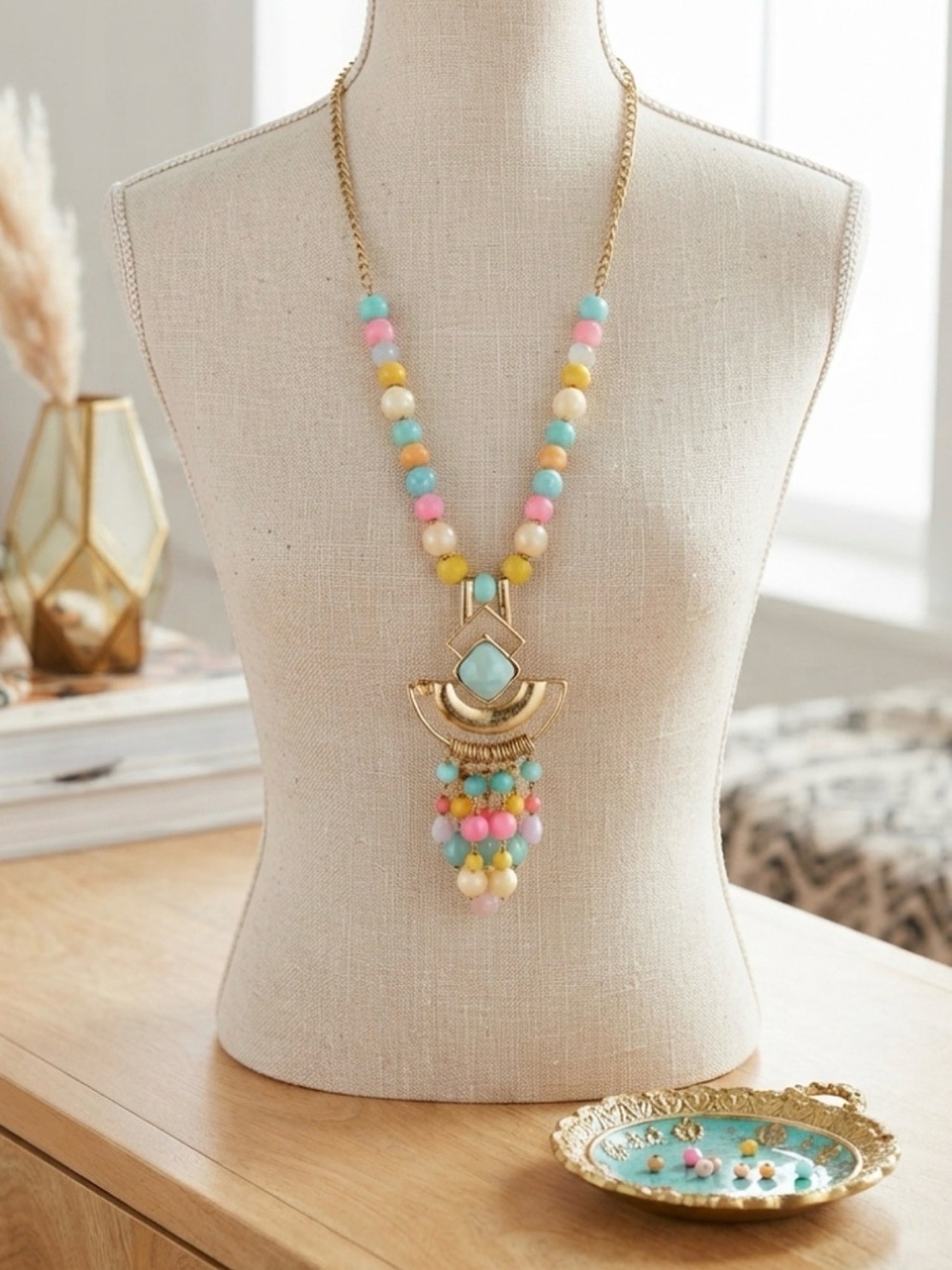 VINTAGE Bright Multicolor and Gold Beaded Necklace